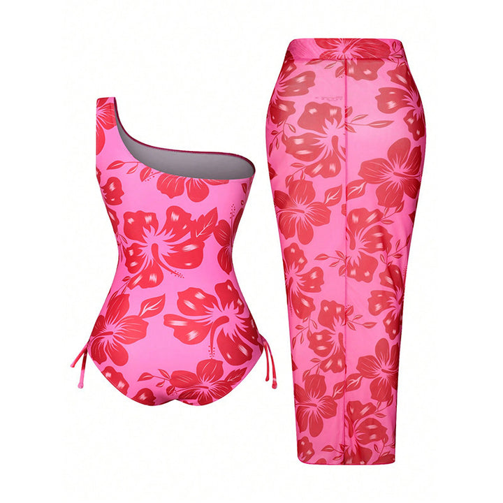 Damen Einseitiger Badeanzug mit floralem Design und passendem Sarong Drune