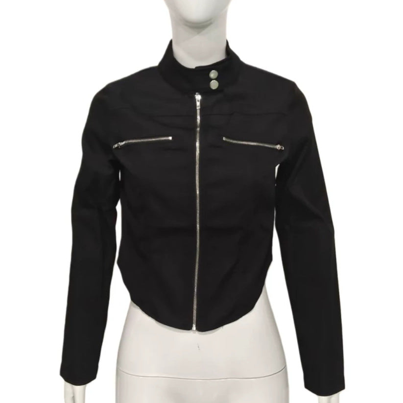 Damen Taillierte Bonded-Canvas-Bikerjacke mit Stehkragen und Brust-Reißverschlüssen Drune