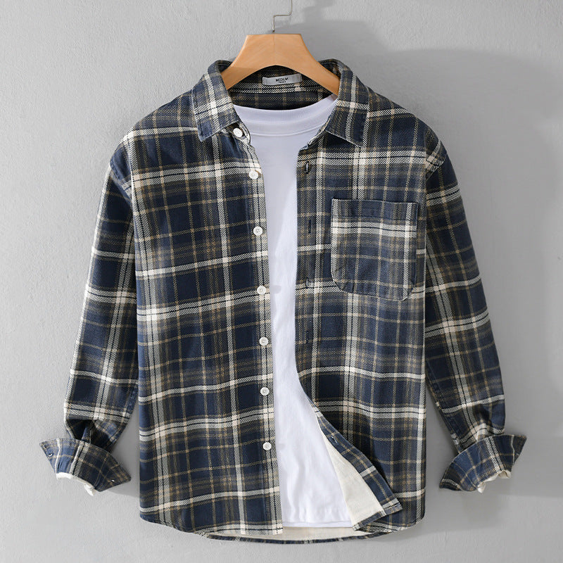 Herren Karierter Flanell-Overshirt im Vintage‑Look mit aufgesetzter Brusttasche und gerundetem Saum Drune