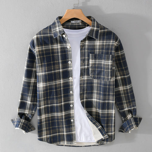 Herren Karierter Flanell-Overshirt im Vintage‑Look mit aufgesetzter Brusttasche und gerundetem Saum Drune