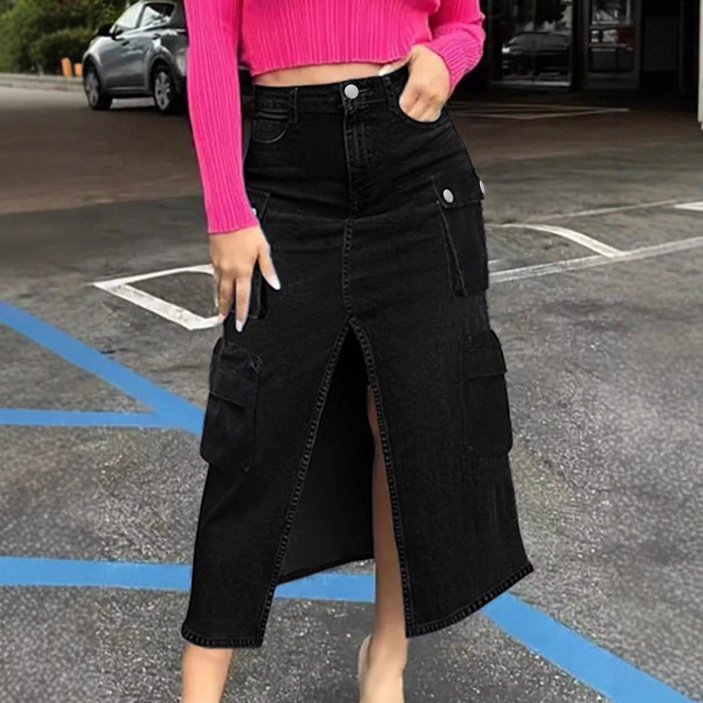 Damen hoher Taillen‑Cargo‑Denim‑Midirock mit Frontschlitz und Pattentaschen Drune