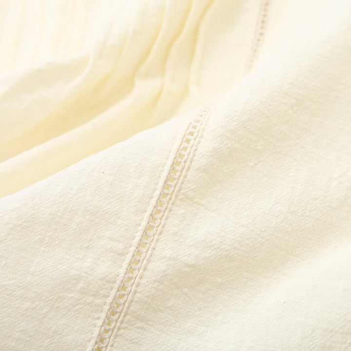 Damen Bestickte Boho-Bluse mit Rundhals, Kellerfalten und Spitzen‑Yoke Drune