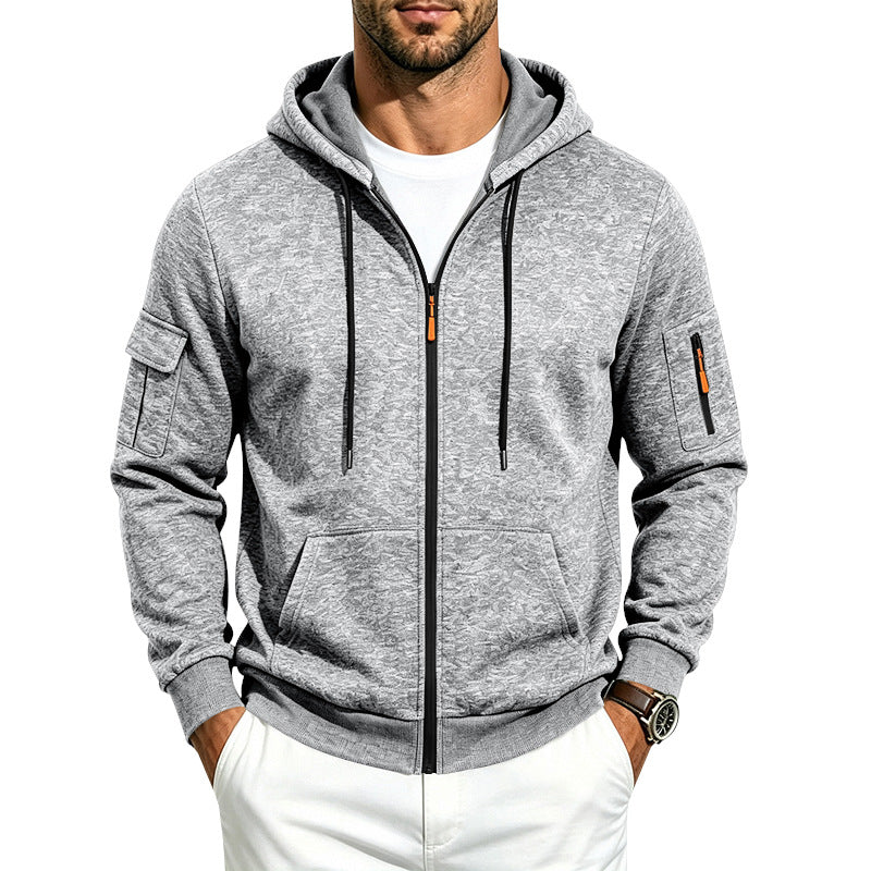 Herren Melierte Zip‑Hoodie‑Jacke mit Utility‑Ärmeltasche und Känguru‑Taschen Drune