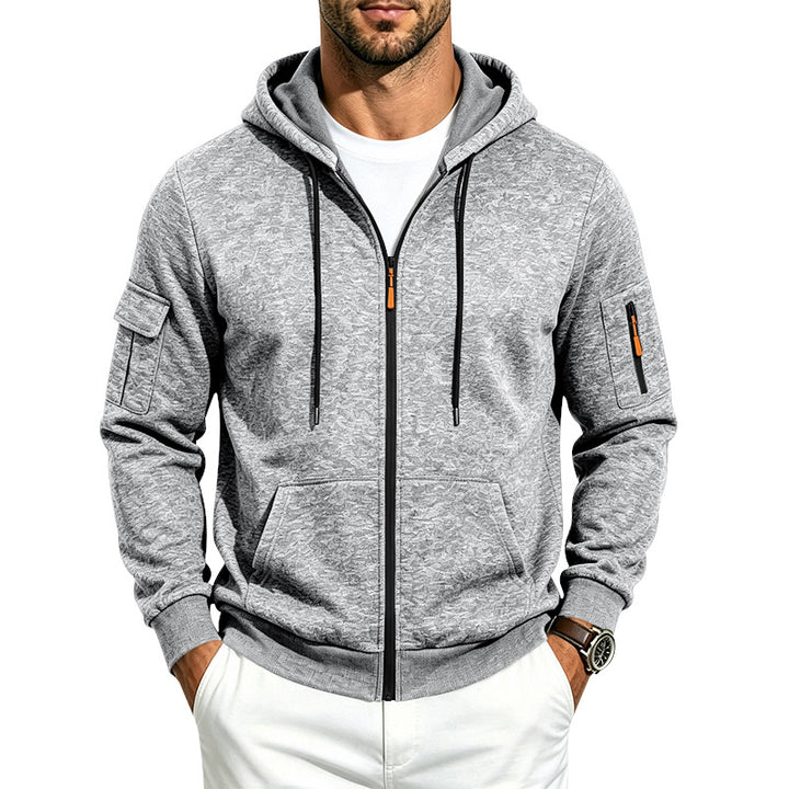 Herren Melierte Zip‑Hoodie‑Jacke mit Utility‑Ärmeltasche und Känguru‑Taschen Drune