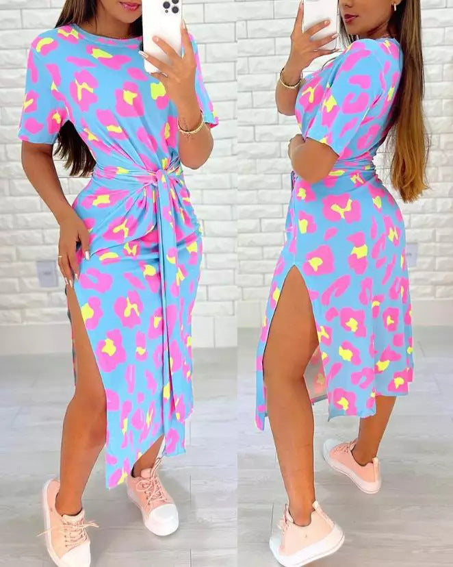 Damen Langarm Wickelkleid mit seitlichem Schlitz und Gürteldetail Drune