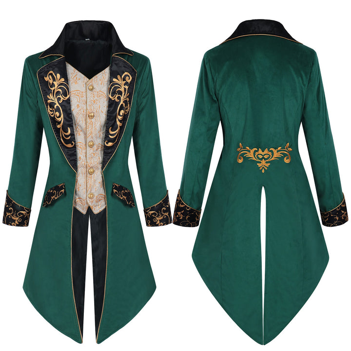 Herren nan eleganter Frackmantel im Barockstil mit goldbesticktem Revers und geteiltem Schwalbenschwanz Drune
