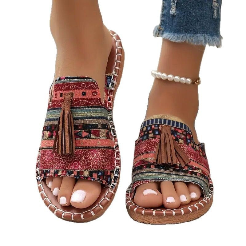 Damen Boho-Ethno-Quasten-Pantoletten mit geflochtener Sohle und gepolstertem Fußbett Drune