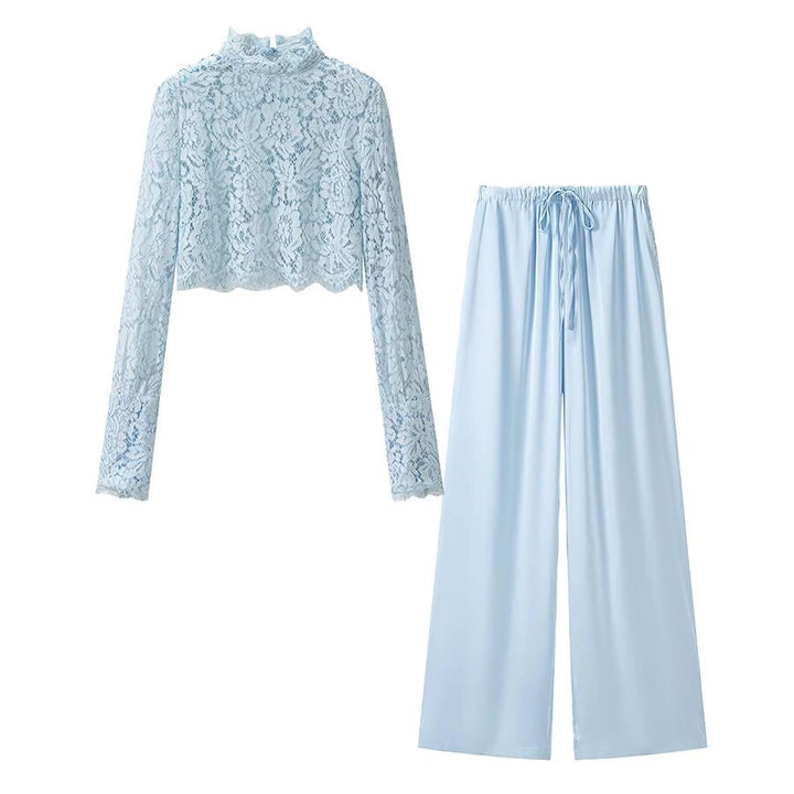 Damen Cropped-Spitzenoberteil mit Stehkragen und langen Ärmeln Drune