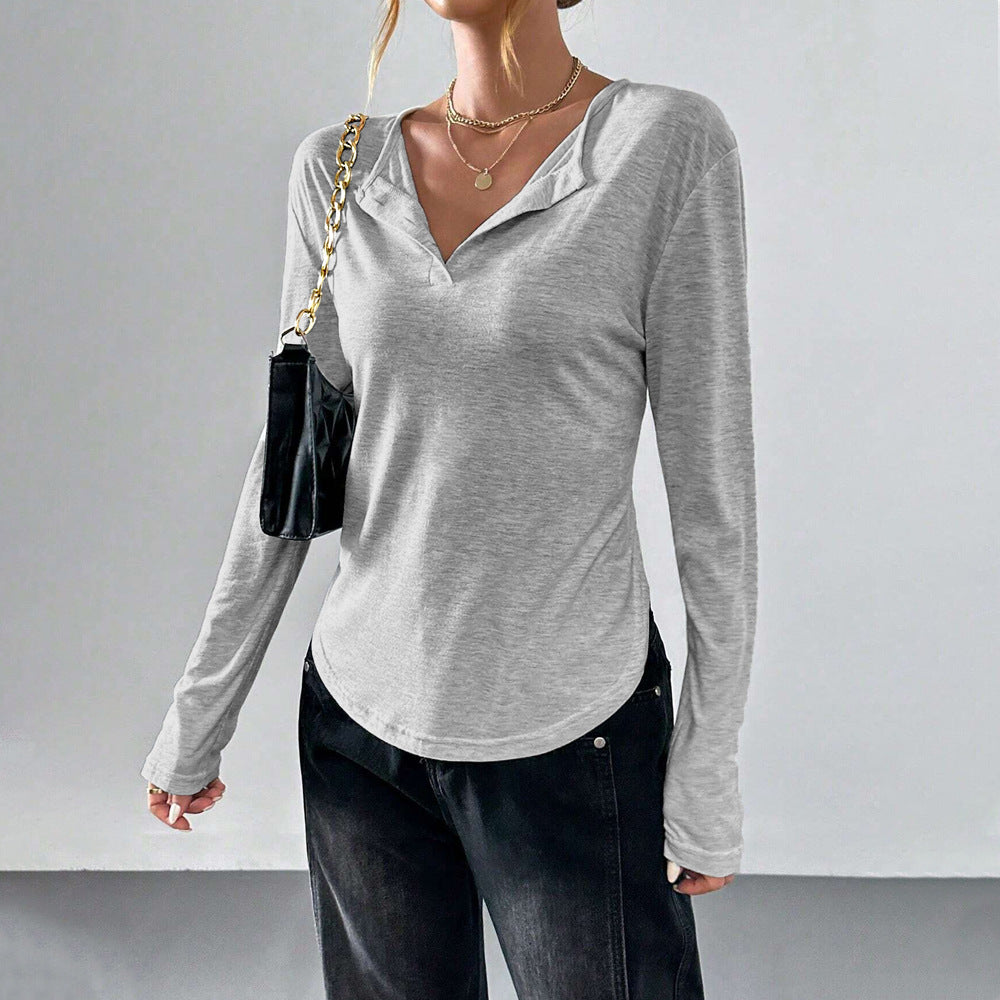 Damen legeres V-Ausschnitt Langarmshirt mit offenem Kragen, weichem Jersey und abgerundetem Saum Drune