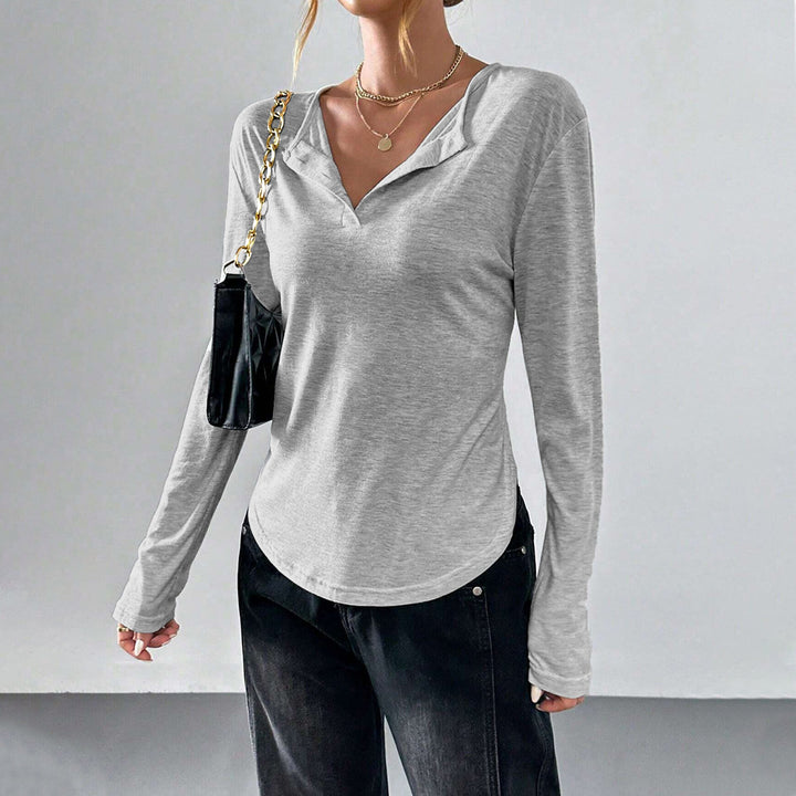 Damen legeres V-Ausschnitt Langarmshirt mit offenem Kragen, weichem Jersey und abgerundetem Saum Drune