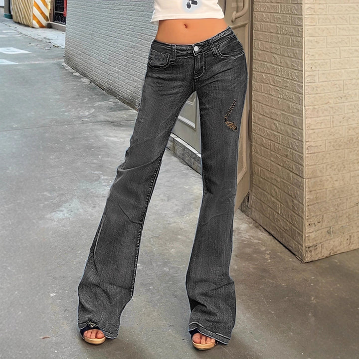 Damen Hochtaillierte Flared-Jeans mit ausgestelltem Bein, dezenter Stickerei & verlängertem Saum Drune