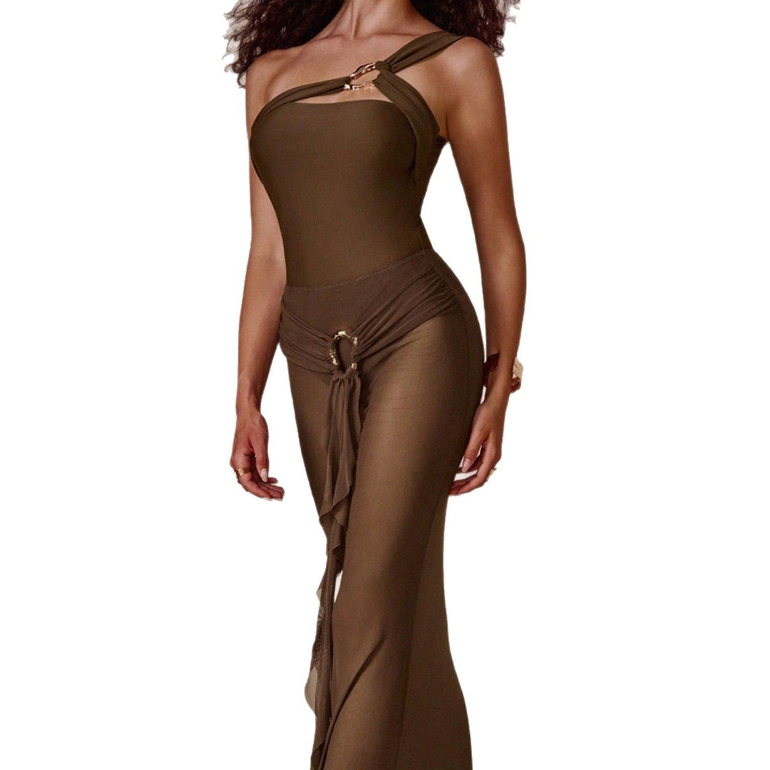 Damen Elegantes One-Shoulder Maxikleid Drune