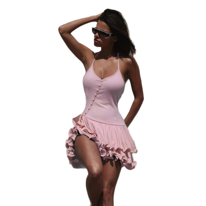 Damen Minikleid mit gerafftem Saum und eleganten Knopfdetails Drune