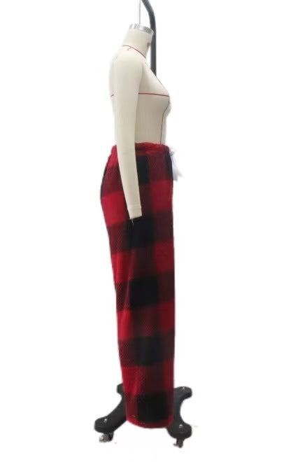 Damen nan kuschelige karierte Fleece-Hose mit Tunnelzugbund und weitem Bein Drune