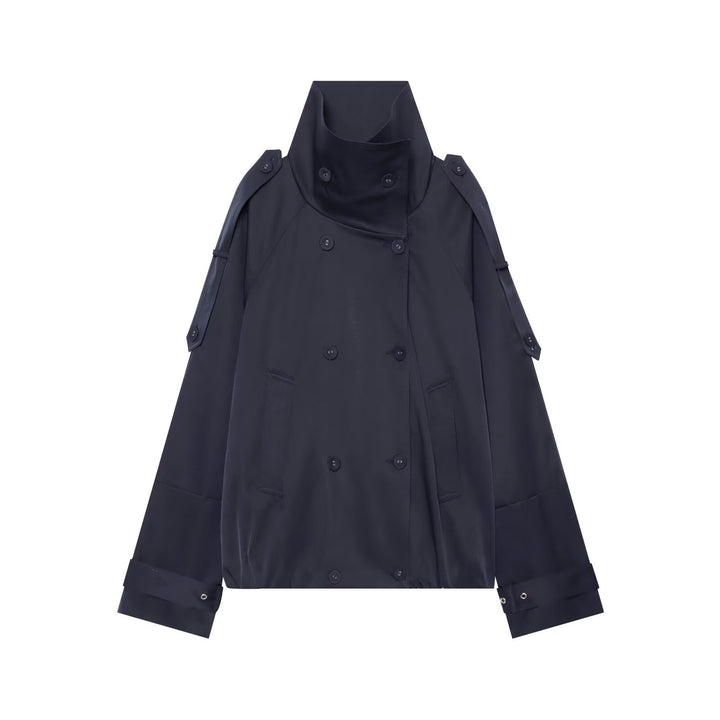 Damen Kurzgeschnittener Doppelreihiger Trenchcoat mit hohem Stehkragen und Cape-Ärmeln Drune