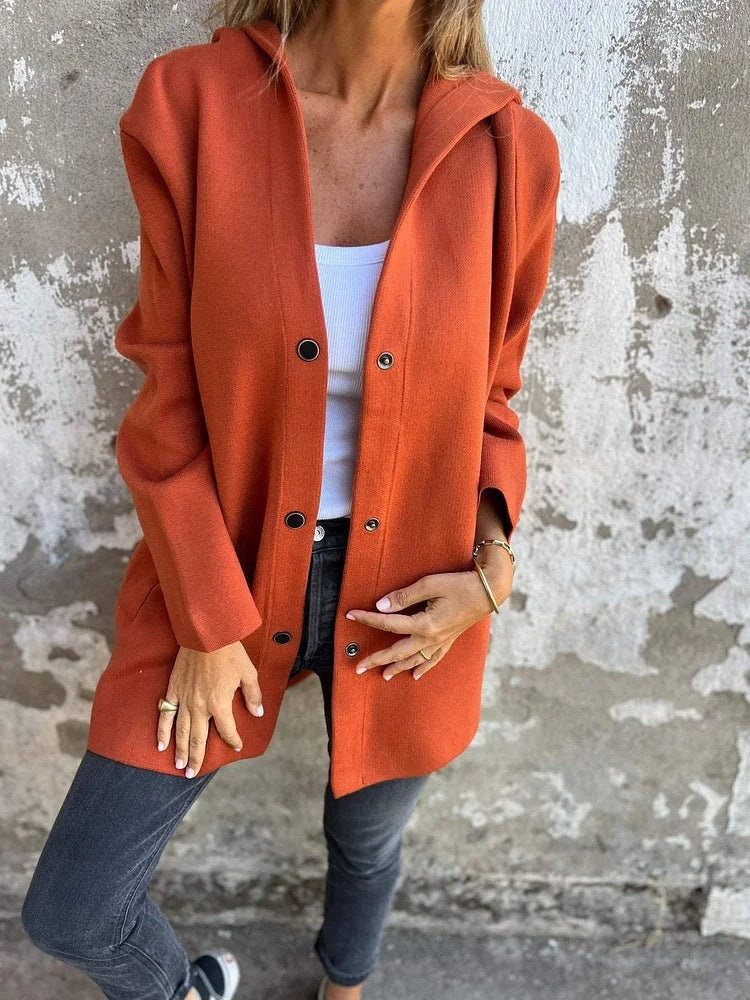 Damen nan Kapuzenmantel mittellanger Baumwollmix mit Druckknopfleiste und Eingrifftaschen Drune