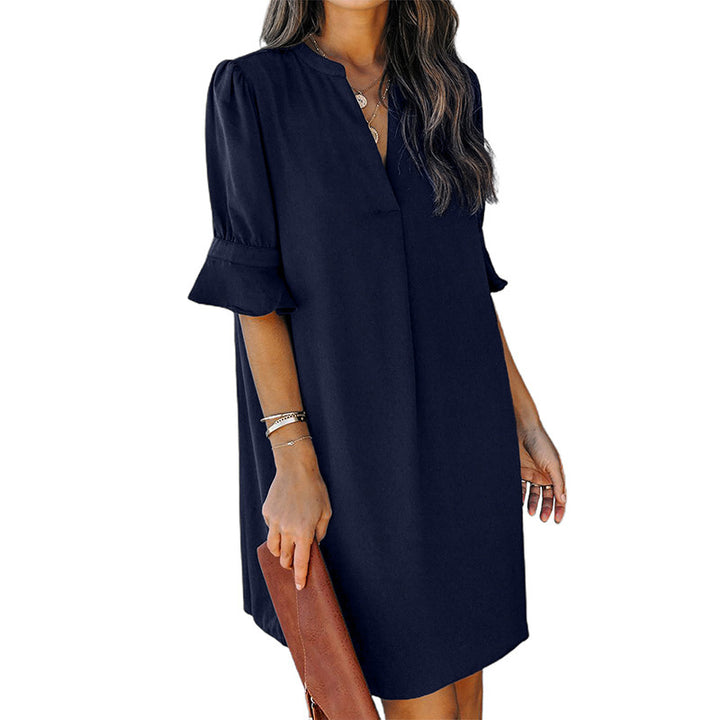 Damen elegantes Minikleid mit vorteilhaftem V-Ausschnitt und puffartigen Ärmeln Drune