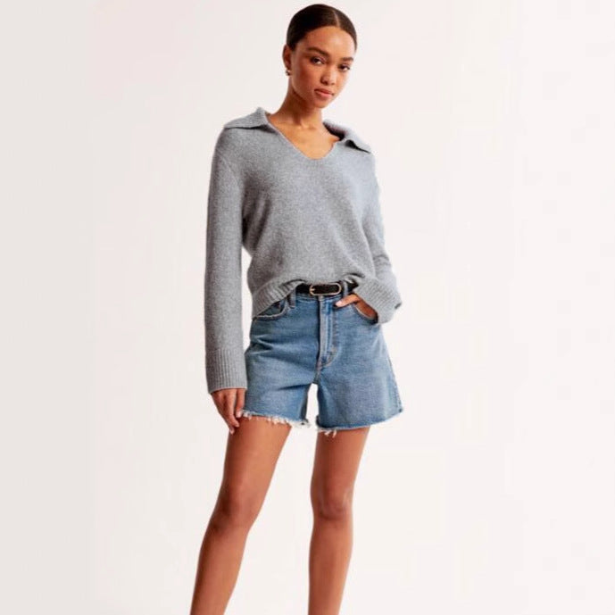 Damen Pullover mit weitem Kragen und gerippter Bündchenstruktur Drune