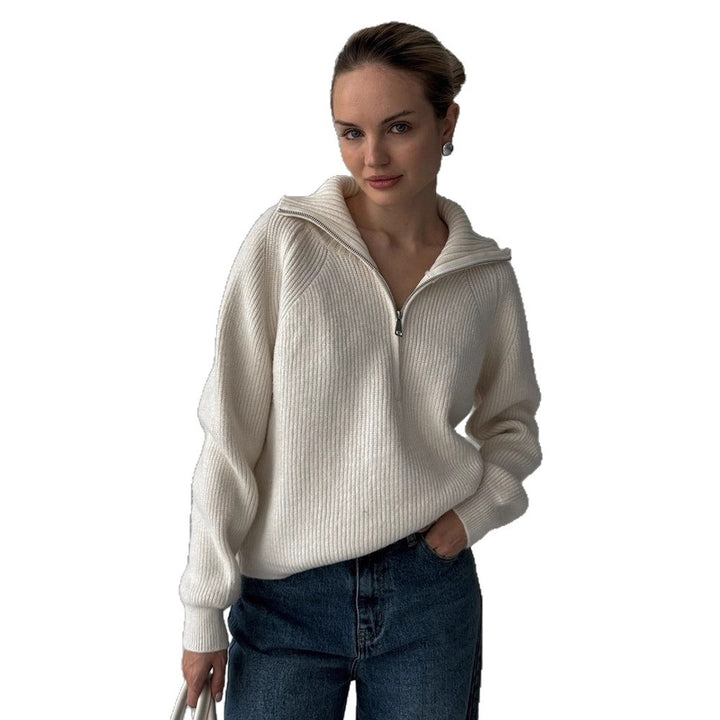 Damen Gerippter Wollmix-Pullover mit halbem Reißverschluss und weitem Stehkragen Drune