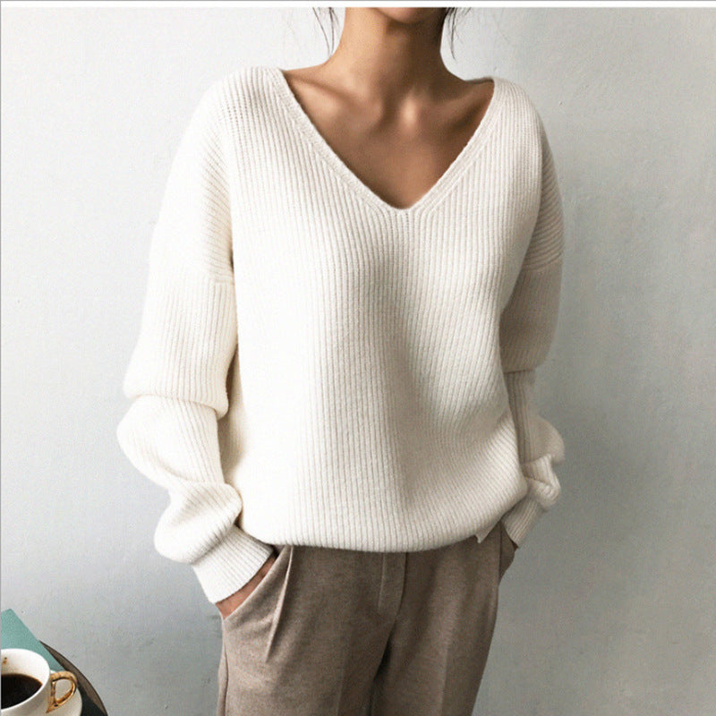 Damen lässiger V-Ausschnitt Pullover mit breiten Ärmeln und strukturierter Textur Drune