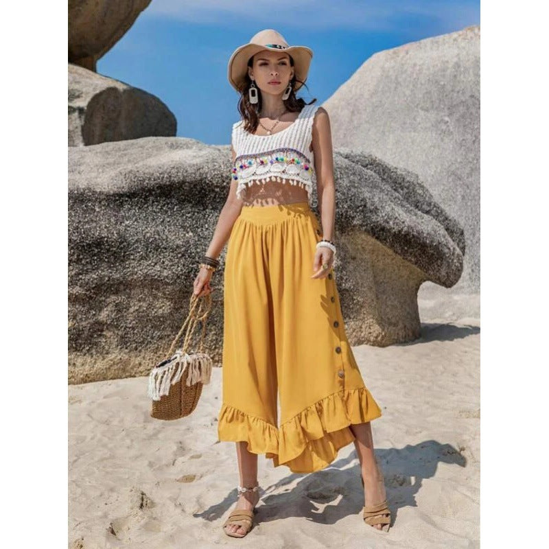 Damen Cropped Top mit buntem Häkelmuster und verspielten Quasten Drune