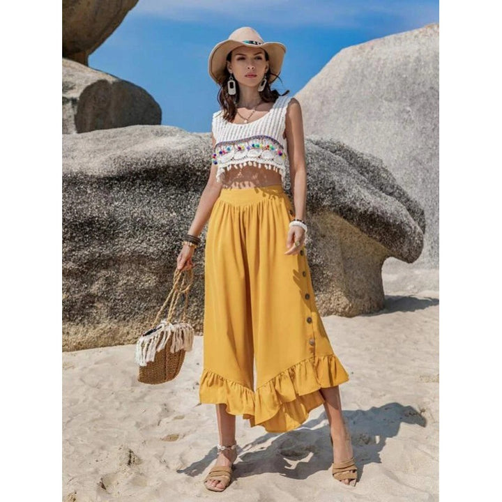Damen Cropped Top mit buntem Häkelmuster und verspielten Quasten Drune