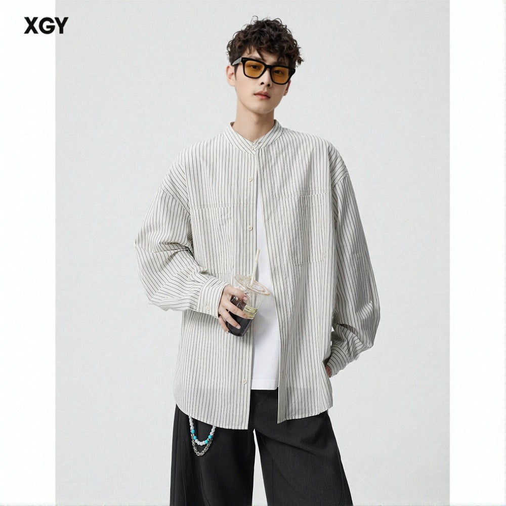 Herren Oversize-Hemd mit Stehkragen und feinem Nadelstreifen Drune