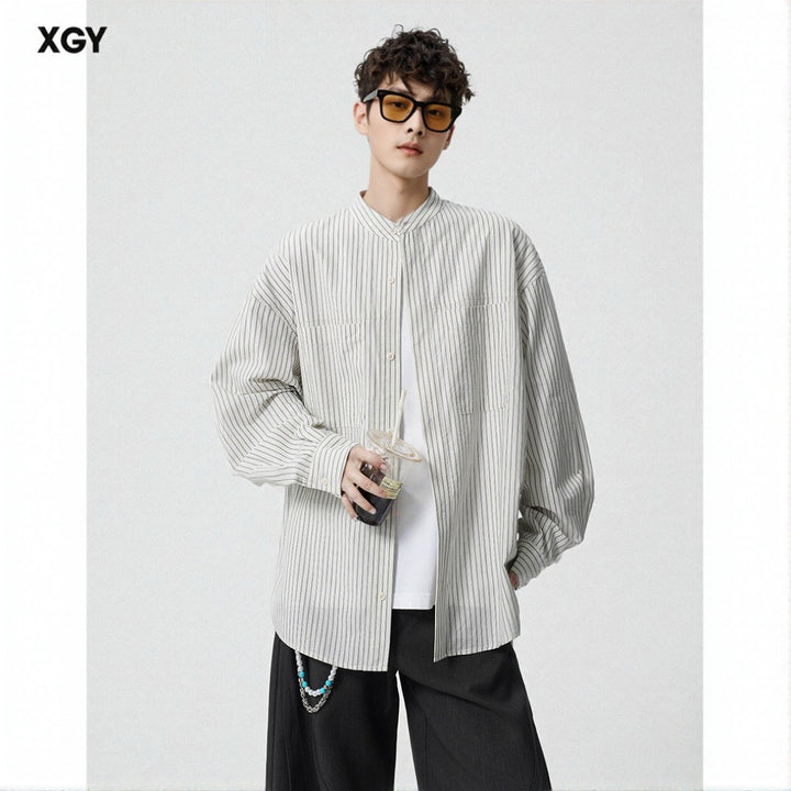 Herren Oversize-Hemd mit Stehkragen und feinem Nadelstreifen Drune
