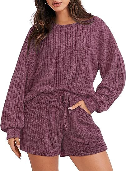Damen gemütlicher Fleece Lounge-Anzug mit weiten Ärmeln und elastischem Bund Drune