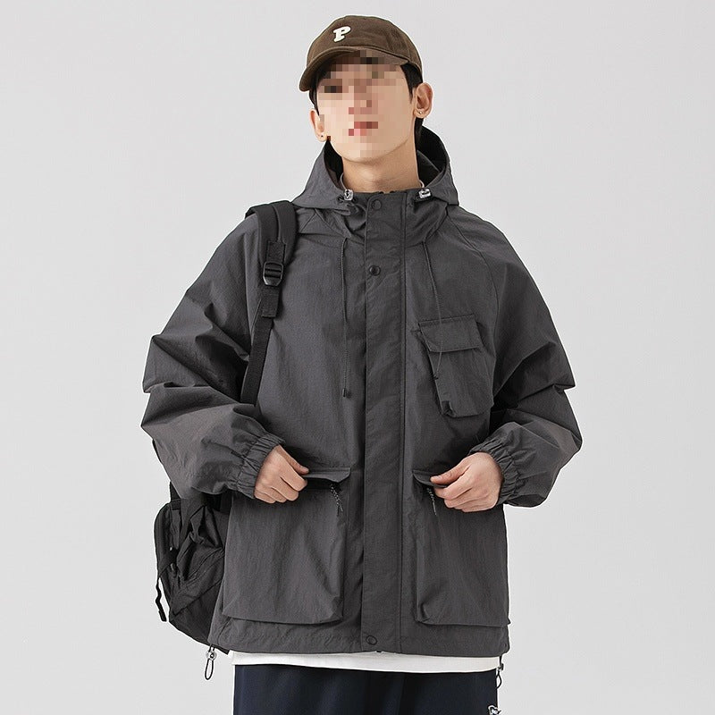Damen Oversize Utility-Übergangsjacke mit Kapuze, Mehrfach-Taschen & Kordelzug Drune