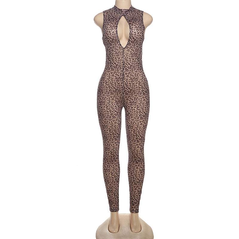 Damen Figurbetonter Jumpsuit mit tiefem Ausschnitt und Leopardenmuster Drune