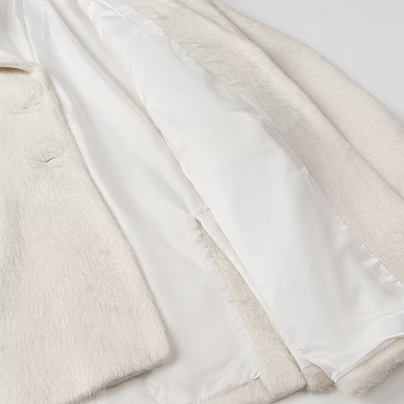 Damen nan minimalistischer midilanger Mantelblazer mit strukturierter Oberfläche, Reverskragen und Pattentaschen Drune