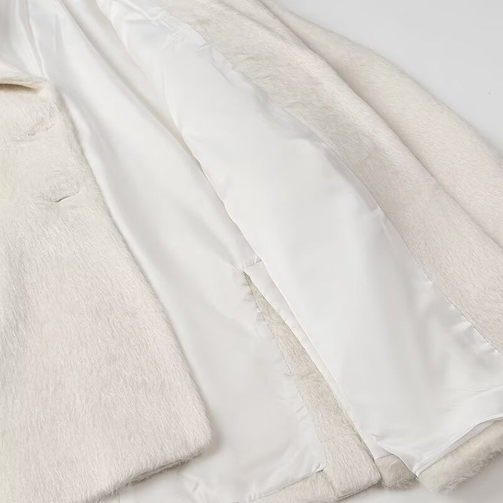 Damen nan minimalistischer midilanger Mantelblazer mit strukturierter Oberfläche, Reverskragen und Pattentaschen Drune