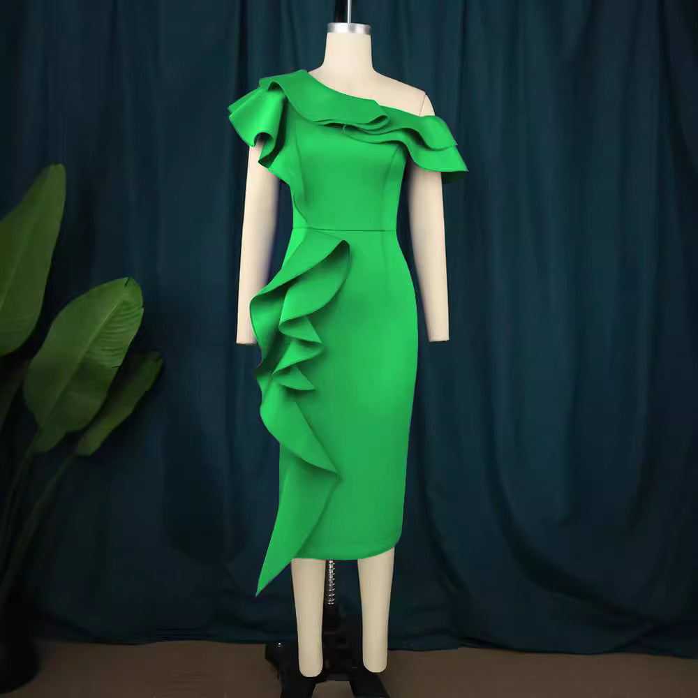 Damen Elegantes Etuikleid mit asymmetrischem Rüschendesign Drune