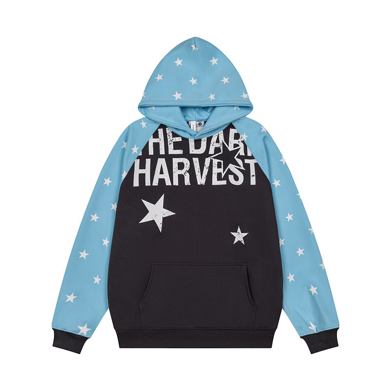 Damen Kapuzenpullover im Raglanstyle mit Sternen‑Allover, Kängurutasche und Vintage‑Print Drune