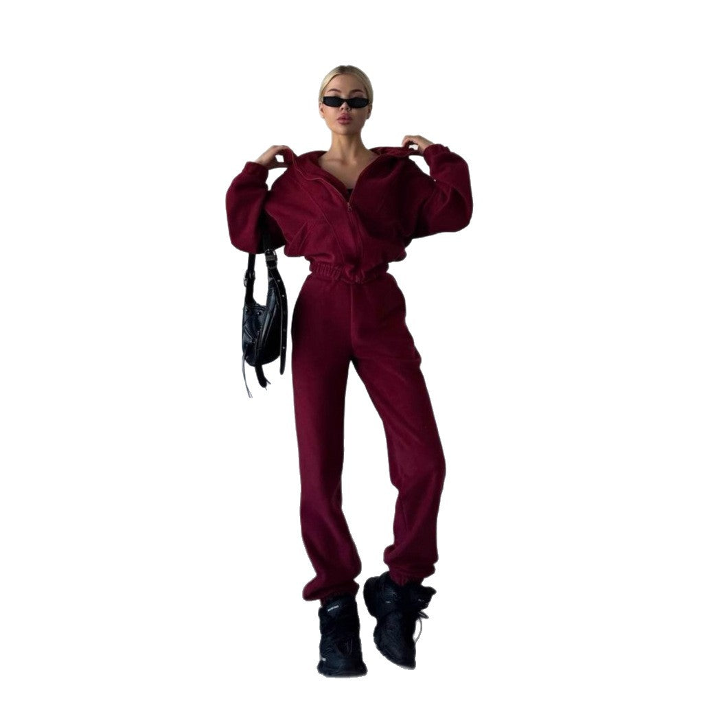 Damen Fleece-Jogginganzug mit modischem Stehkragen und praktischen Taschen Drune