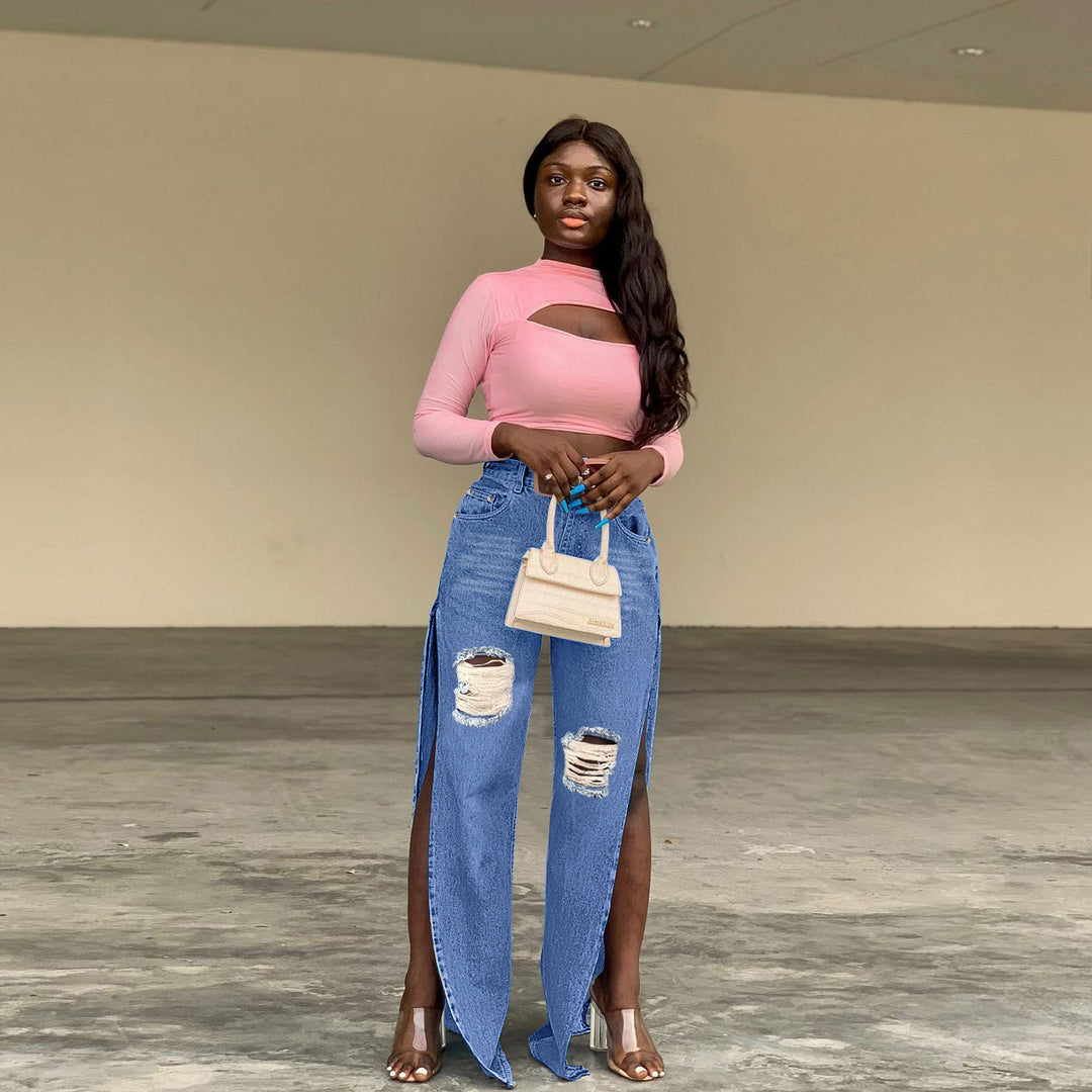 Damen geweitete Denim-Jeans mit hohen Seitenschlitzen und Destroyed-Kniepartie Drune