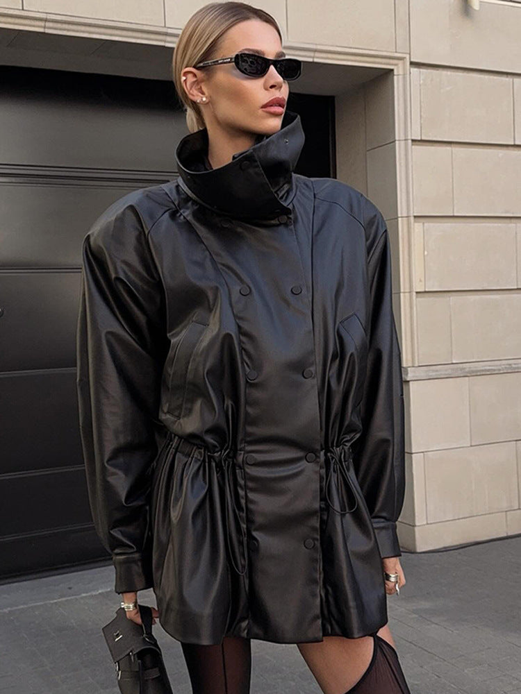 Damen Kunstlederjacke mit modischem Oversized-Schnitt und taillierbarem Gürtel Drune