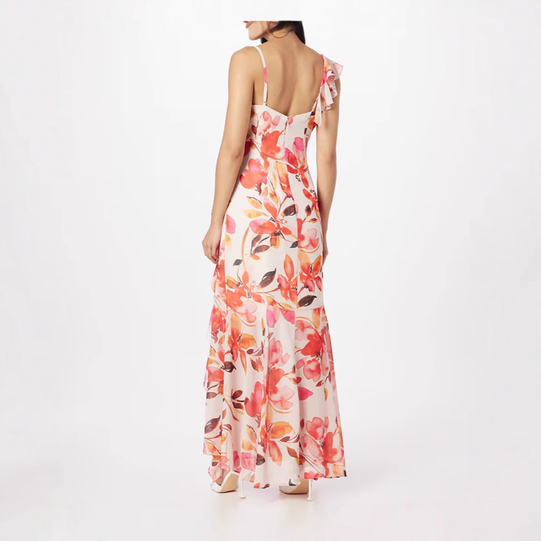 Damen Maxikleid mit floralen Rüschen und schulterfreien Trägern Drune