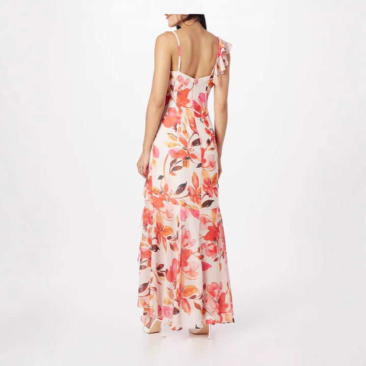 Damen Maxikleid mit floralen Rüschen und schulterfreien Trägern Drune