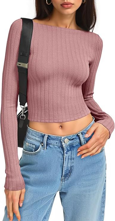 Damen Tailliertes Ripp-Cropped-Longsleeve mit U-Boot-Ausschnitt und Stretch-Baumwollmix Drune