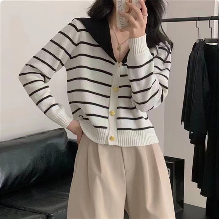 Damen modische gestrickte Cardigan mit Kragen und Knopfdetails Drune