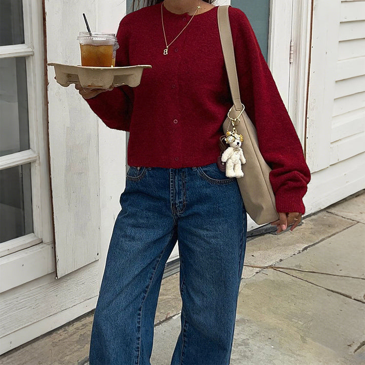 Damen nan kuschelige Kurzstrickjacke mit Perlmuttknöpfen und lässiger Oversize-Passform Drune