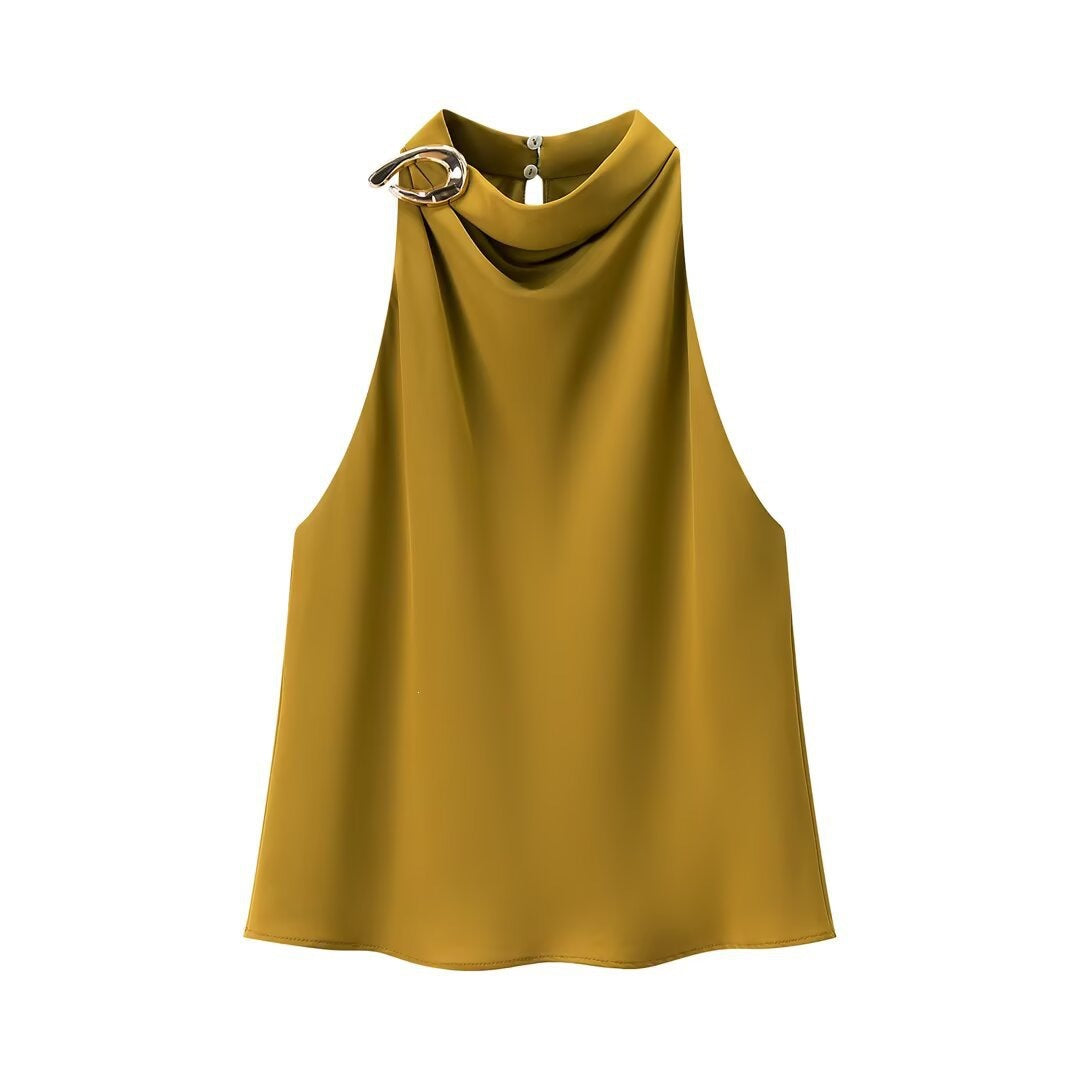 Damen Seidenbluse mit asymmetrischem Kragen und dekorativem Ring Drune