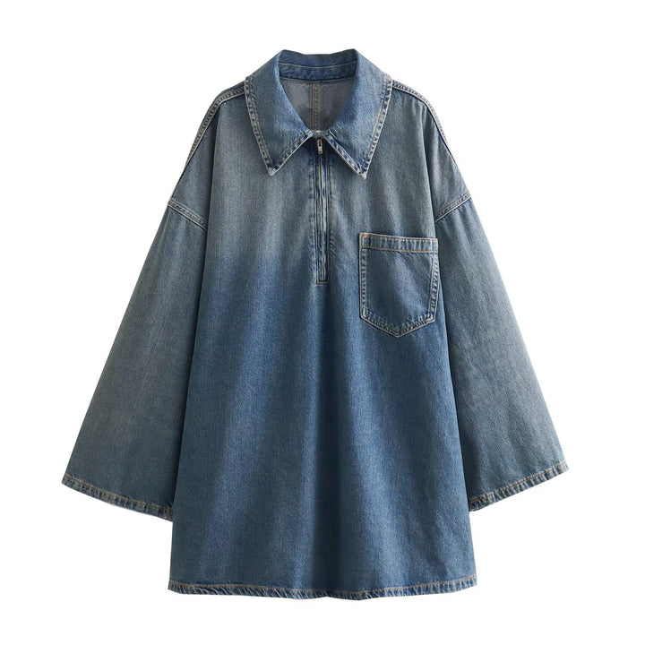 Damen nan oversized Denim-Tunika mit halbem Reißverschluss, weitem Schnitt und Brusttasche Drune