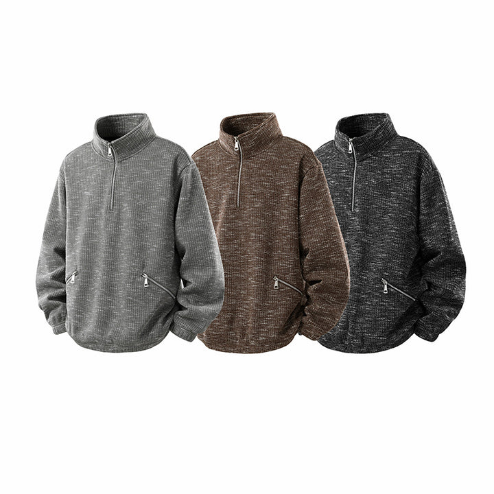 Herren Oversize Strickoptik Half-Zip Pullover mit Stehkragen und Reißverschlusstaschen Drune