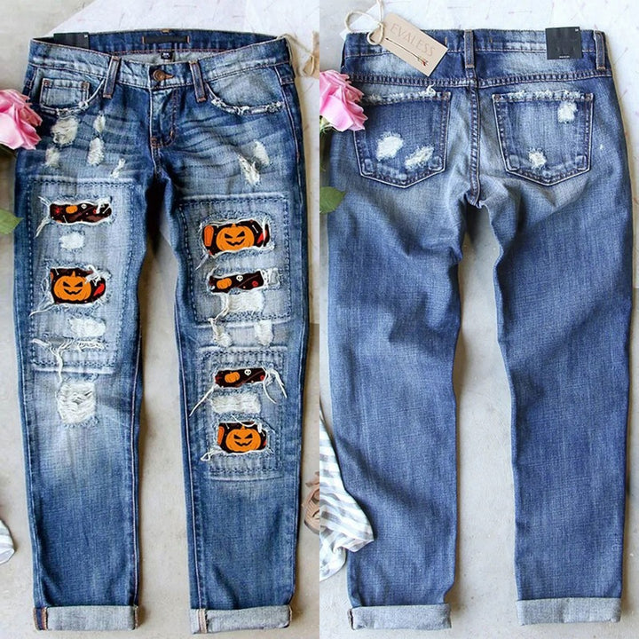 Damen Jeans im kreativen Design mit Spooky-Motiven und lässigem Fit Drune