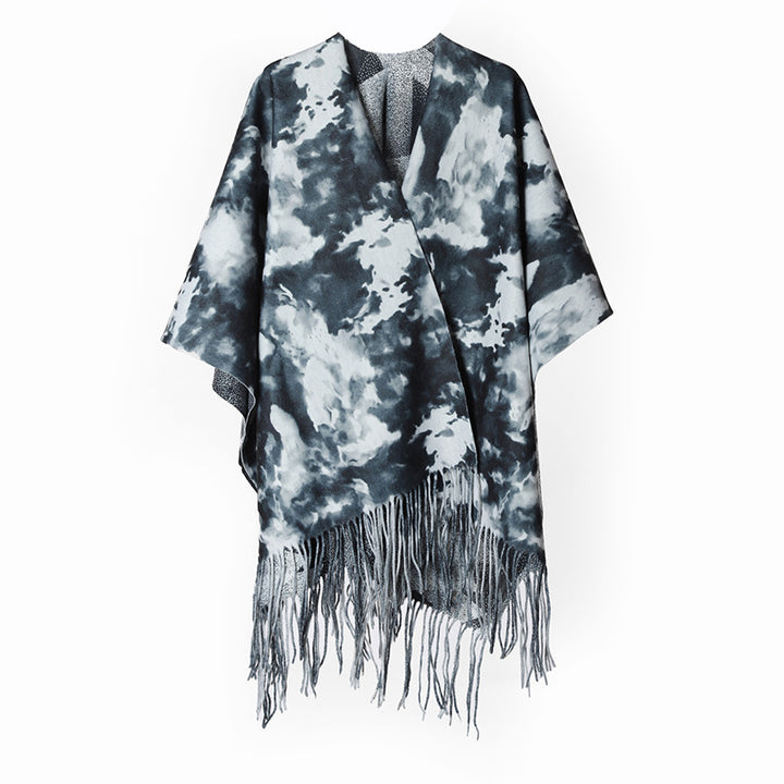 Damen Oversize-Poncho im Cloud-Print mit V‑Ausschnitt und langen Fransen Drune