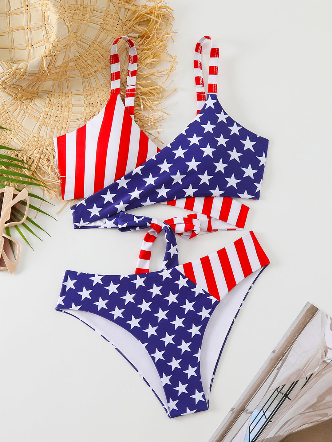 Damen Triangel-Bikini-Set mit asymmetrischem Schnitt und buntem Sternen-Design Drune