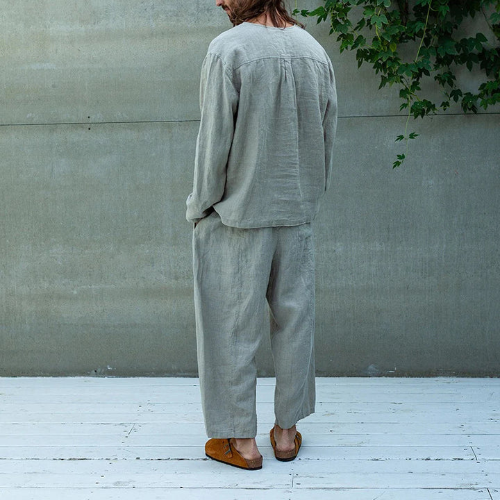 Herren Lockeres Leinen‑Look Freizeitset mit Schnürkragen und weiten Haremshosen Drune